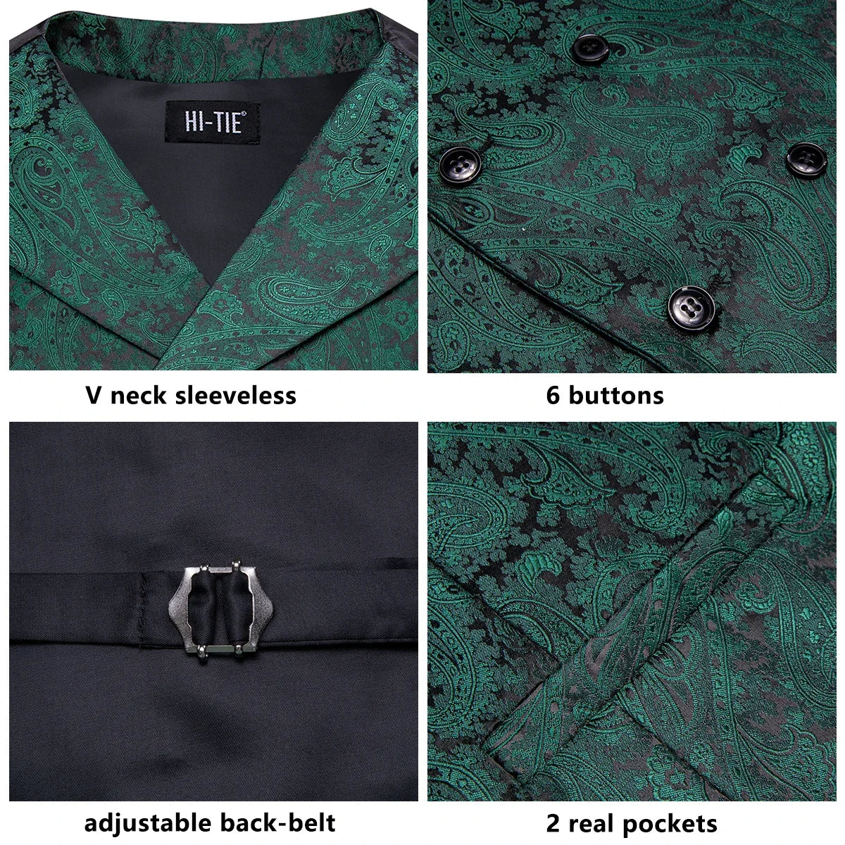 Men's Vest Tie Hanky Cufflinks Set – Black Green Jacquard Floral Paisley – Wedding & Banquet