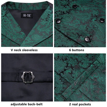 Men's Vest Tie Hanky Cufflinks Set – Black Green Jacquard Floral Paisley – Wedding & Banquet