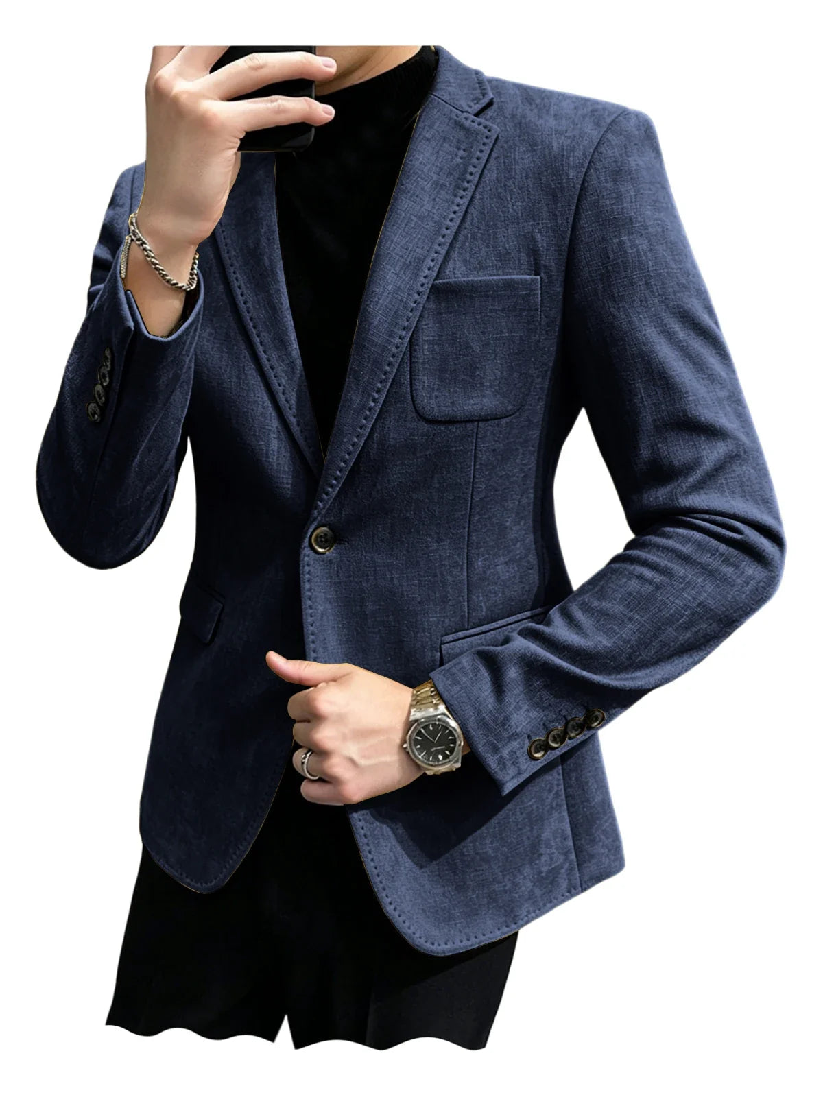 Mens Blazer Linen Blend Notched Lapel 1 Button Slim Fit Stitched Edge Patch Pockets Business Casual Daily Soft Breathable Jacket