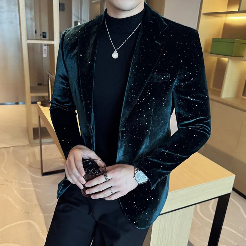 2025 Autumn New Velvet Jacket Men's Blazer Business Fashion Hot Stamping Printed Suit Jacket High-quality Luxury Dress Suit