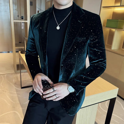 2025 Autumn New Velvet Jacket Men's Blazer Business Fashion Hot Stamping Printed Suit Jacket High-quality Luxury Dress Suit