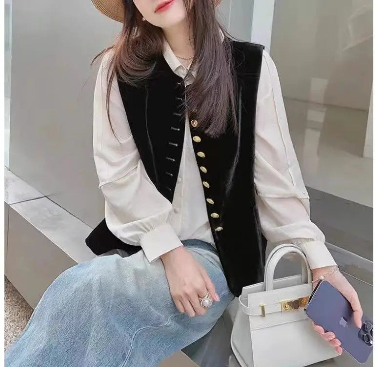 2025 Autumn Winter Chinese Style Velvet Vest Jacket Women's Sleeveless Coat Versatile Slim Lady Retro Waistcoat Outwear