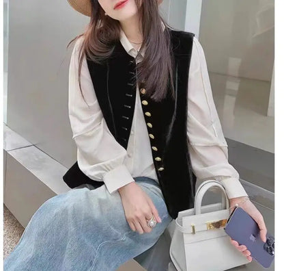 2025 Autumn Winter Chinese Style Velvet Vest Jacket Women's Sleeveless Coat Versatile Slim Lady Retro Waistcoat Outwear