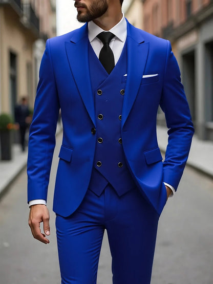 Solid Business Mens Suits Wedding Tuxedos Fashion Groom Outfit Slim Fit Peaked Lapel Prom Party Mens Suits(Jacket+Vest+Pants)