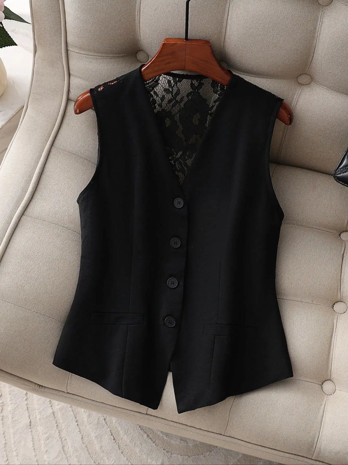 Women's Lace Back Suit Vest, V-Neck Button Down Waistcoat, Elegant Sleeveless Blazer for Office Business Formal Wear, Black
