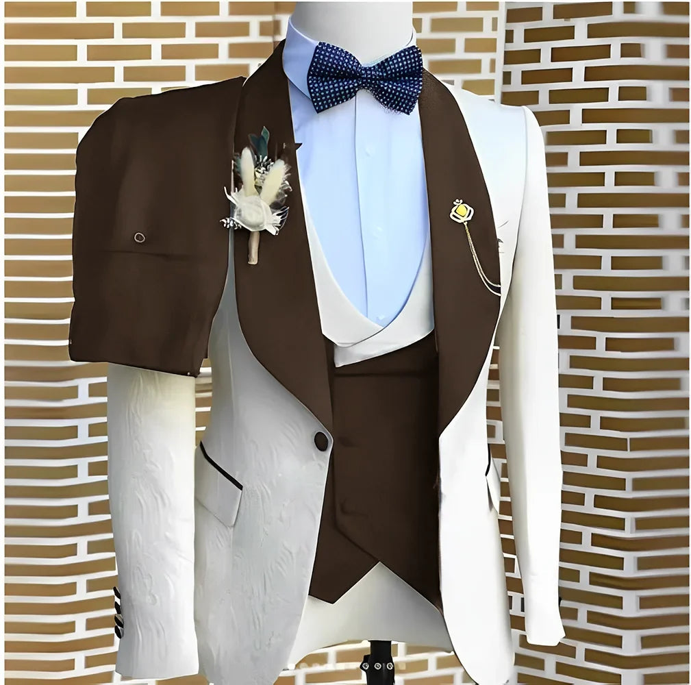 White Jacquard Elegant suits Men For Wedding Formal Jacket Vest Pants 3 Pieces Groomsman Tuxedos Tailored Male Fashion Clothing