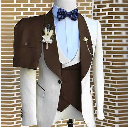 White Jacquard Elegant suits Men For Wedding Formal Jacket Vest Pants 3 Pieces Groomsman Tuxedos Tailored Male Fashion Clothing