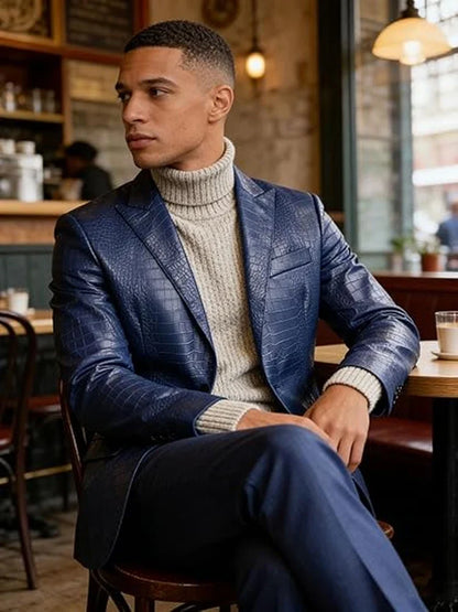 Men's Crocodile PU Leather Blazer Jacket Vintage Single Breasted Suit Coat Fashion Party Wedding Business Casual Outerwear