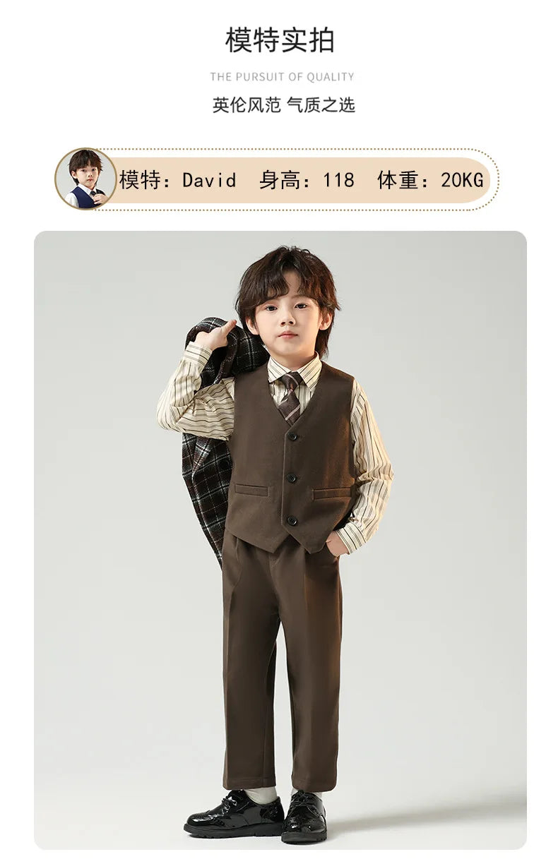 Boys British Double Breasted Blazer Jacket Pants Children Suit Waistcoat Wedding Clothes Sets Toddler Formal Dress Kids Tuxedos