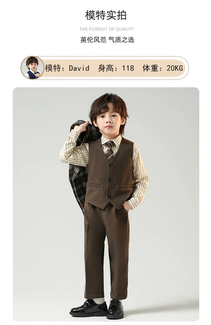 Boys British Double Breasted Blazer Jacket Pants Children Suit Waistcoat Wedding Clothes Sets Toddler Formal Dress Kids Tuxedos