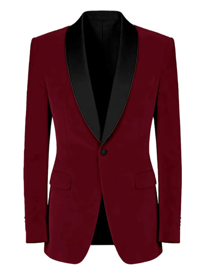 Men's Velvet Tuxedo Blazer Black Trim Shawl Lapel Slim Fit 1-Button Flap Pockets Suit Jacket Formal Wedding Party Sport Coats