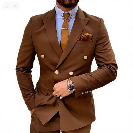 Solid Wedding Men's Suit Slim Fit Peak Lapel Double Breasted Blazer Formal Business Tuxedos 2-Piece Jacket+Pants for Party Prom