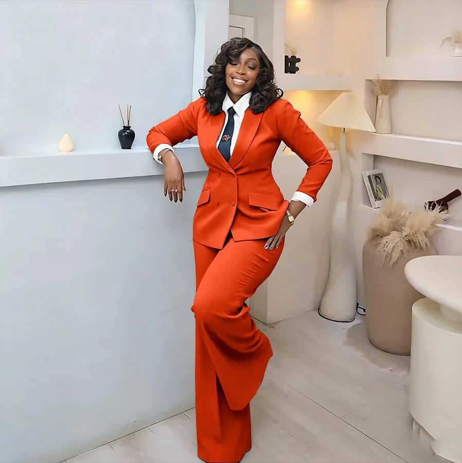 Classic Professional Burgundy Double Breasted Women's Suit Office Formal 2 Piece Jacket Pants Set Casual Daily Streetwear