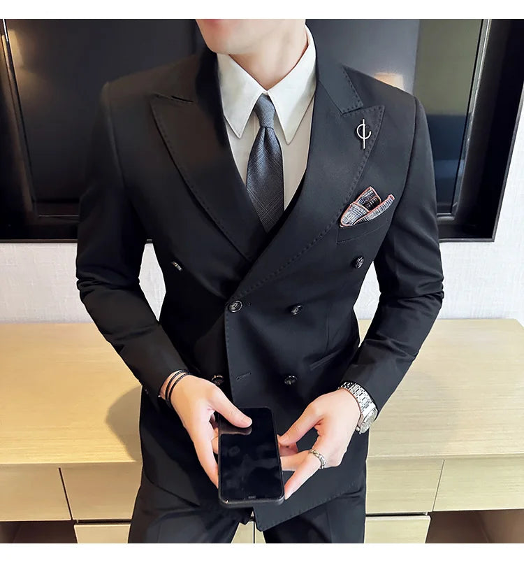 (Jackets +Pants ) Men's Suits 2 Piece High-Quality Double Breasted Lapel Solid Business Groom Wedding Tuxedo Banquet Clothing