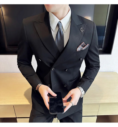(Jackets +Pants ) Men's Suits 2 Piece High-Quality Double Breasted Lapel Solid Business Groom Wedding Tuxedo Banquet Clothing