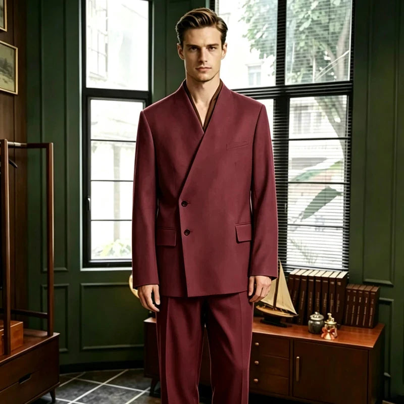 Men's 2-Piece Suit No Lapel Cross V-Neck Loose Blazer & Trousers – Wedding & Formal Occasions