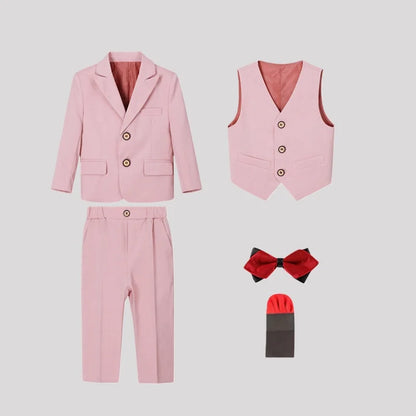 Boys Slim Fit Suit Set Kids Wedding Birthday Outfit Children's Performance Costume With Jacket Vest Pants Bowtie+Pocket Towel