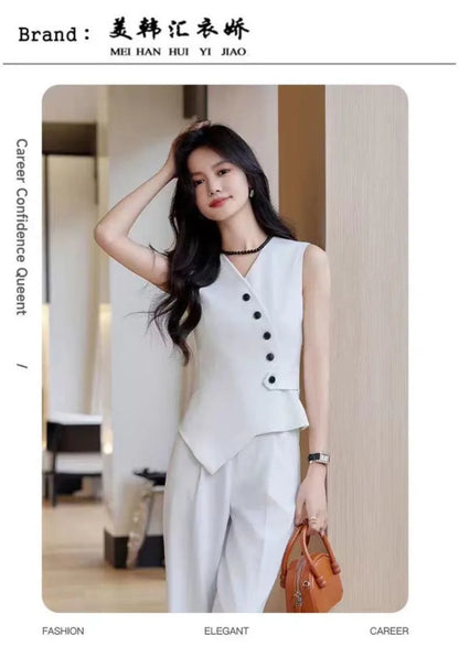 Office Female Suits Vest Coat Spring Summer V-Neck Diagonal Buckle Sleeveless Blazers Jacket Women Fashion Thin Slim Waistcoat
