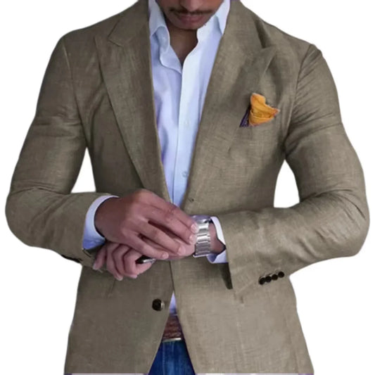 Men's Slim Fit Linen Suit Jacket – Single Button Peak Lapel for Wedding & Beach Events