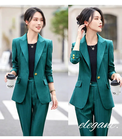 Professional Women's Suit2024New Autumn Green Striped Acetate Suit Workwear Elegant High-end Workplace Formal Wear