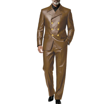 Men's Leather 2 Piece Suit Retro Double Breasted Peak Lapel Slim Fit Blazer Straight Leg Pants Formal Set Business Casual Weddin