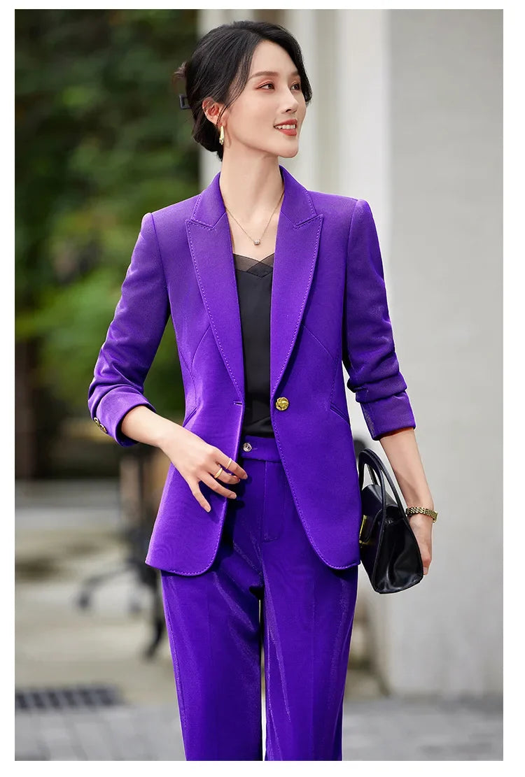 Office Ladies Formal Pant Suit 2 Piece Set Women Green Khaki Red Female Long Sleeve Business Work Wear Blazer Jacket And Trouser