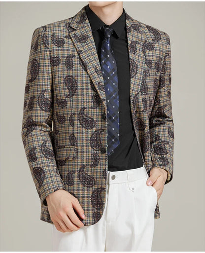 Autumn Winter Cashew Plaid Suit Jacket Men Fashion Casual Embroidered Jacquard Suit Jackets Business Social Party Men Blazers