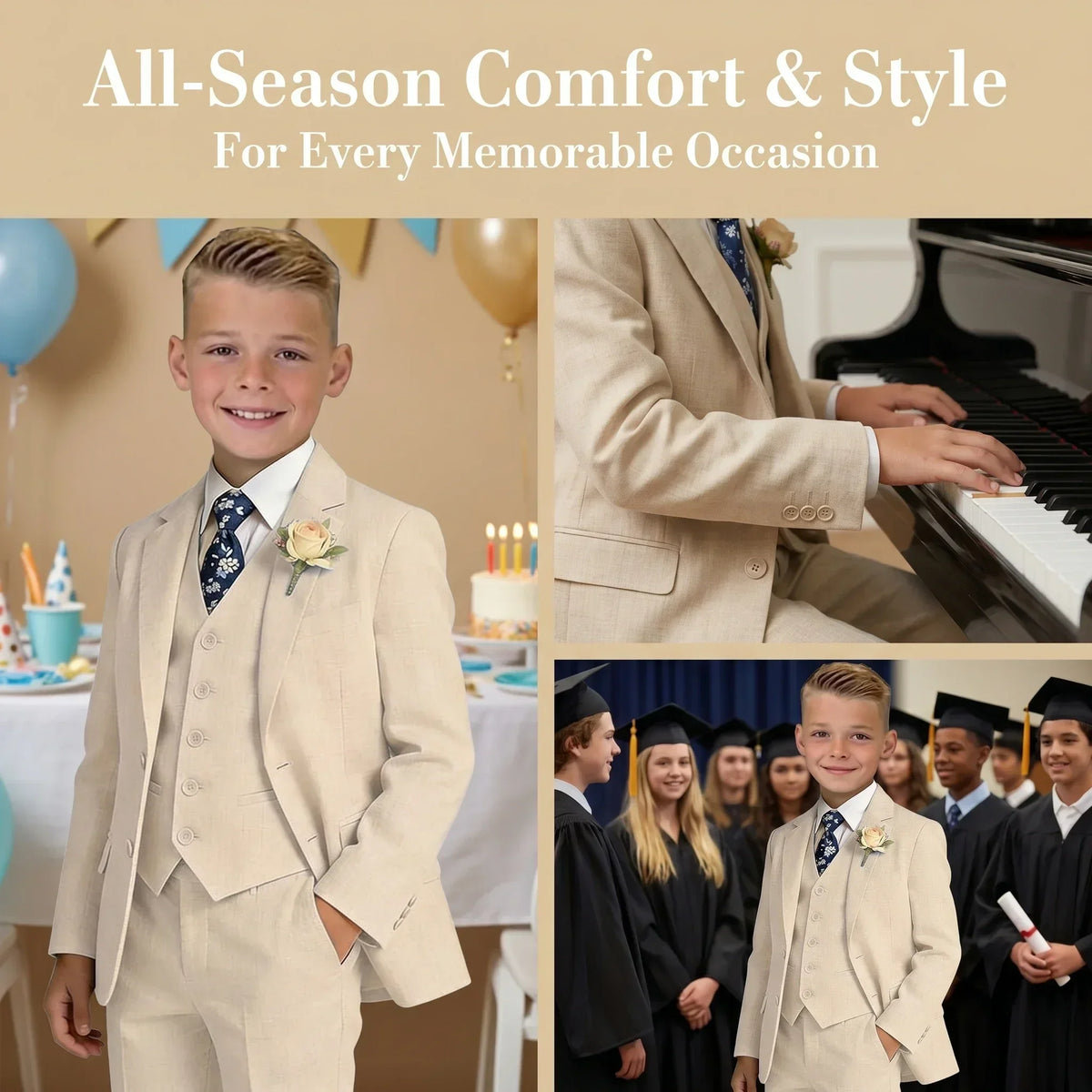Boys 4-Piece Formal Suit Set – Single Breasted, Notched Collar, Wedding & Occasion Wear