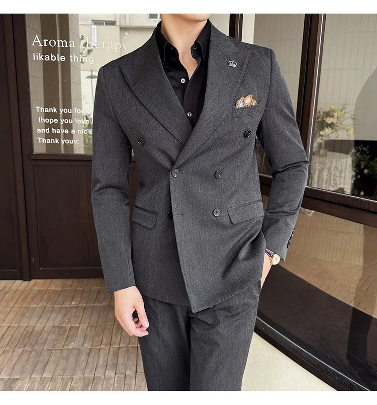 (Blazer + Trousers) Fashion Double Breasted Design Slim Men's Suit Italian Style Luxury Wedding Social Party Tuxedo 2 Piece Set