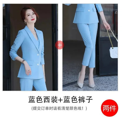 Lady Solid Lapel Blazer Suit Full Sleeve V-neck Single Breasted Straight Leg Pants Suits 2026 Fashion New Office Commute Outfit
