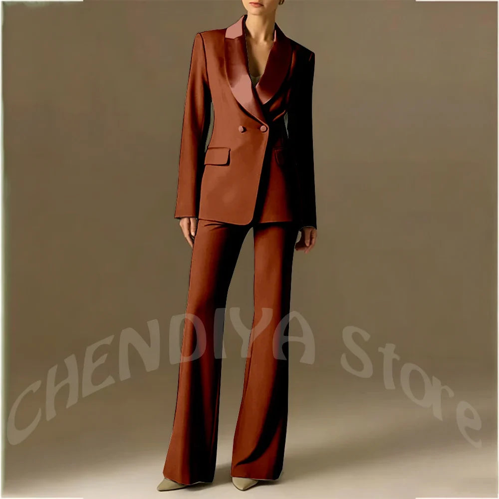 Classic Shawl Lapel Suit For Women Elegant Double Breasted Outfit Solid Color Two Piece Straight Modern Style Office Wear
