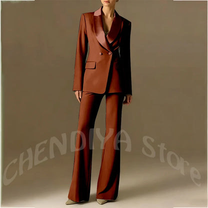 Classic Shawl Lapel Suit For Women Elegant Double Breasted Outfit Solid Color Two Piece Straight Modern Style Office Wear