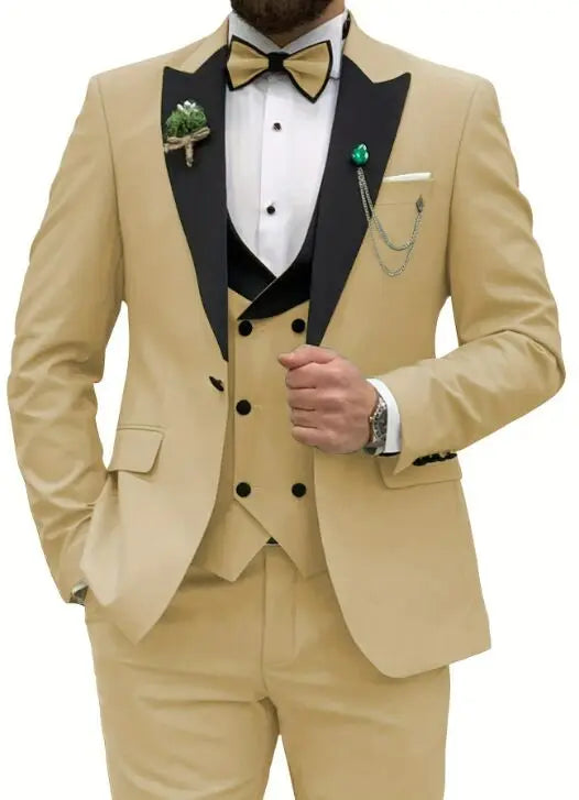 Slim Fit Peaked Lapel Formal Men Suits Solid Business Wedding Tuxedo Fashion Groom Outfit with Blazer Vest Pants for Prom Dinner