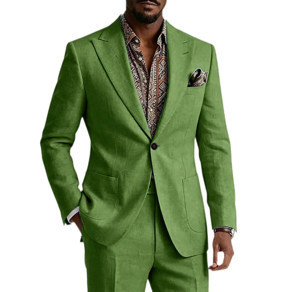 Men's Linen Blend Suit 2 Pieces Set Solid Color Peak Lapel Slim Fit One Button Jacket Pants Formal Outfit Wedding Business Casua