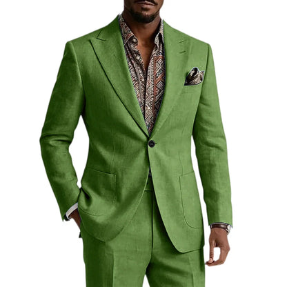 Men's Linen Blend Suit 2 Pieces Set Solid Color Peak Lapel Slim Fit One Button Jacket Pants Formal Outfit Wedding Business Casua