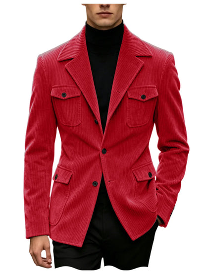 Men's Corduroy Blazer Jacket Slim Fit Notched Lapel Casual Business Coat With Four Flap Pockets For Daily Work Streetwear
