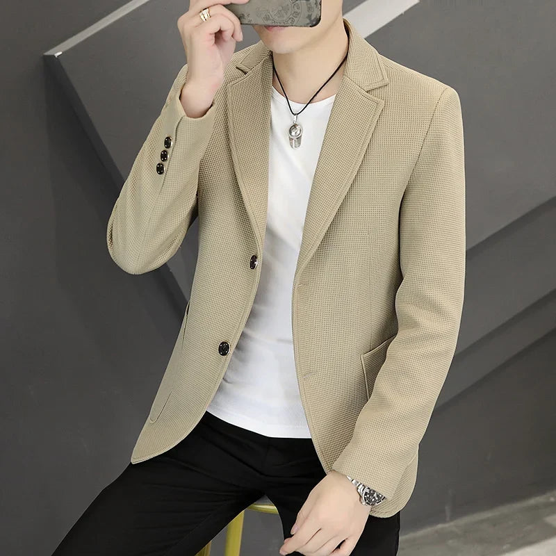 Men's Casual Blazer Two-Button Waffle Pattern for Spring Autumn
