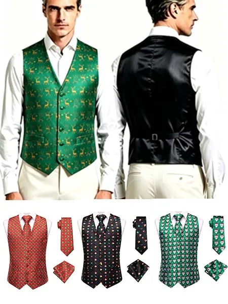 Men's Vest 3-Piece Set Christmas Print for Holiday Parties