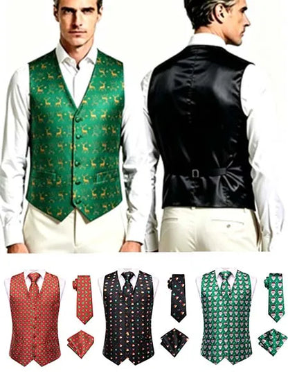 Men's Vest 3-Piece Set Christmas Print for Holiday Parties