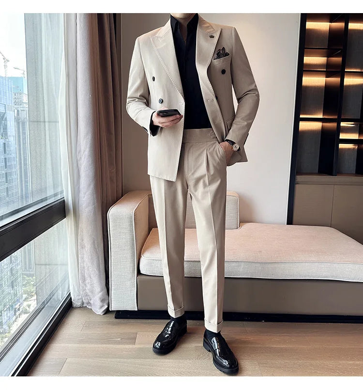 (Blazer + Trousers) Fashion Double Breasted Design Slim Men's Suit Italian Style Luxury Wedding Social Party Tuxedo 2 Piece Set