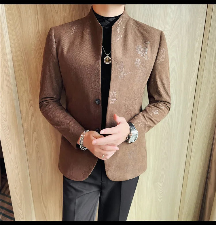 2025 Spring Trendy Jacquard Suit Jacket Men Stand Up Collar Casual Blazers Slim Wedding Business Streetwear Social Dress Coats