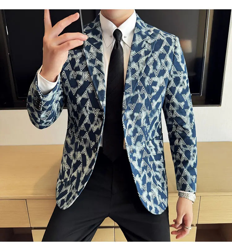 Jacquard Denim Korean Slim Fit Suit Coats 2025 New High Qualitys Fashion Men Slim Fit Business Formal Social Suit Jacket 4XL-M