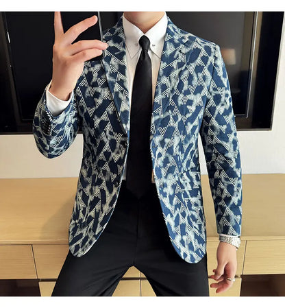 Jacquard Denim Korean Slim Fit Suit Coats 2025 New High Qualitys Fashion Men Slim Fit Business Formal Social Suit Jacket 4XL-M
