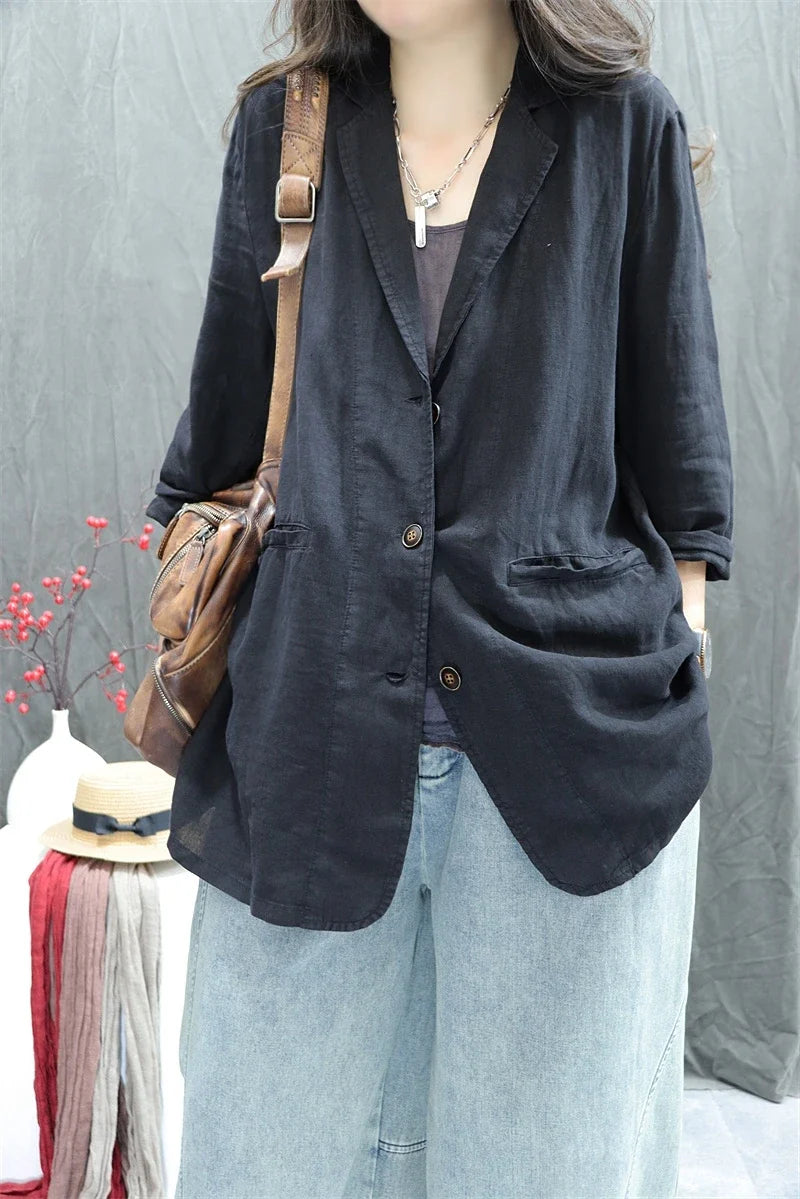 2026 Autumn New Style Women's Casual Pure Color Linen Long Sleeve Retro Fashionable Versatile Suiting Jacket Classic All-Match