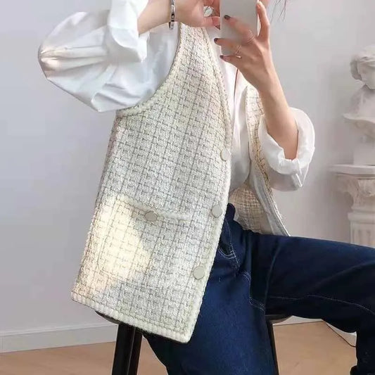 Autumn Female V-neck Mingyuan Xiaoxiangfeng Sleeveless Vest Coat Women Korean Contrast Colored Tweed Sleeveless Cardigan Vest