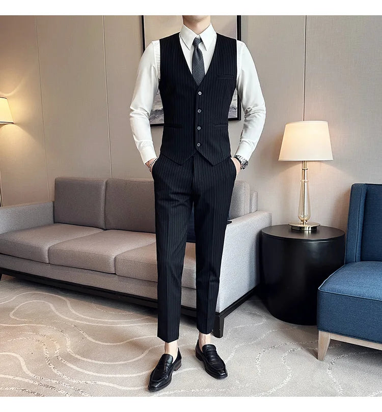 (Jacket + Vest + Pants)Three Piece Set Men Blazers Set stripe Suits Busines Casual Slim Fit Formal Dress Groom Tuxedo Wedding