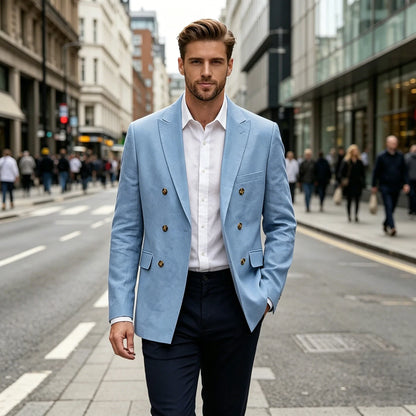 Men's Double Breasted Linen Blazer Slim Fit Suit Jacket Formal Business Casual Coat Wedding Party Spring Summer Streetwear