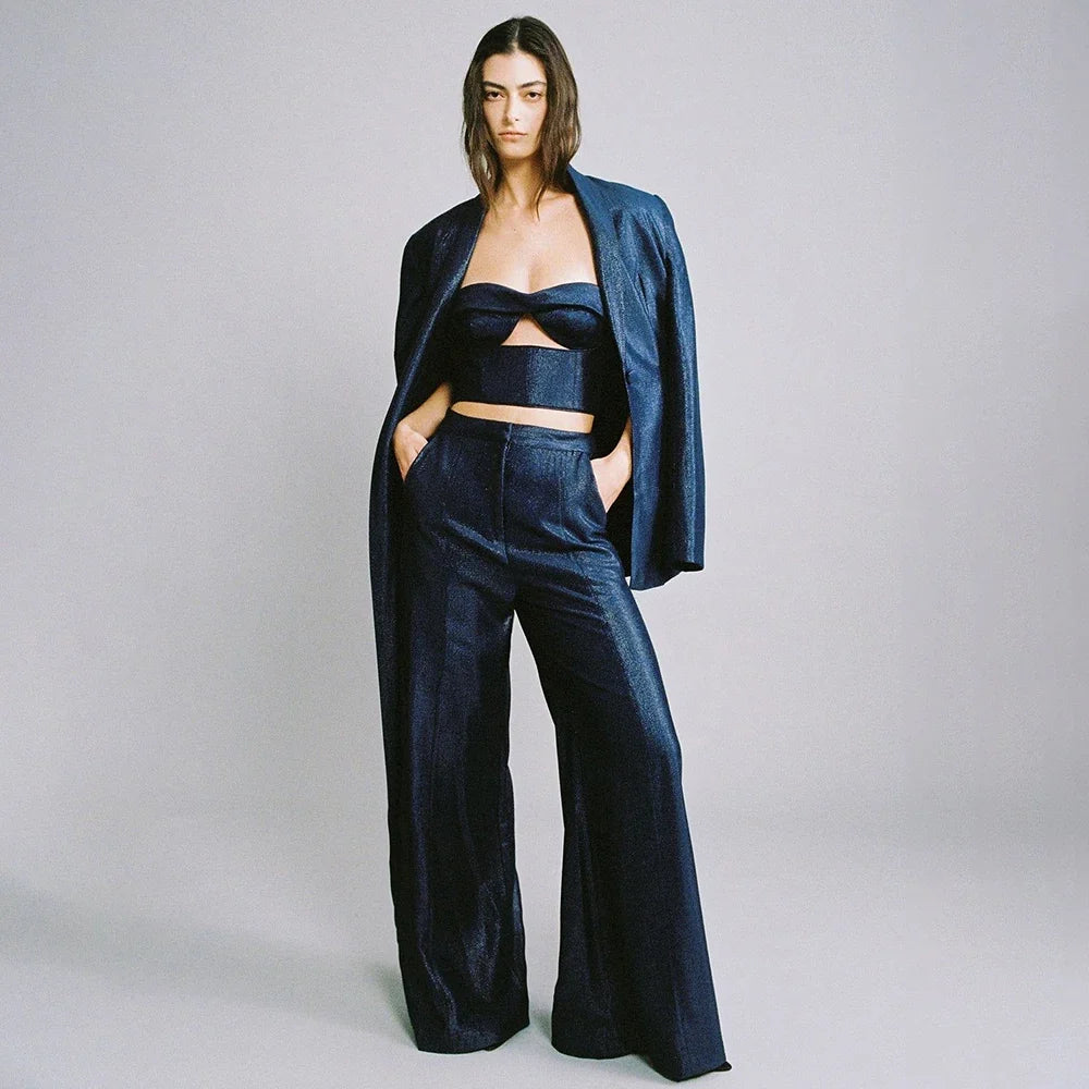 Luxury Women Dark Blue Glitter Satin 2 Piece Suit Single Button Jacket+Pants Set Charming Prom Party Female Outerwears