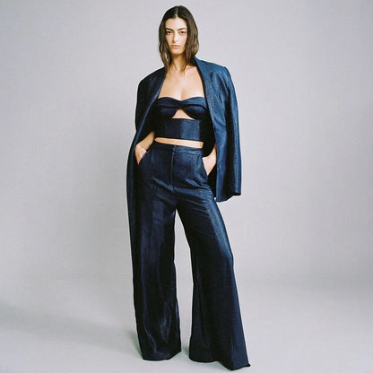 Luxury Women Dark Blue Glitter Satin 2 Piece Suit Single Button Jacket+Pants Set Charming Prom Party Female Outerwears