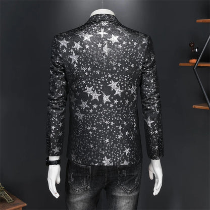 Men's Jacquard Blazer Star Print Slim Fit Tuxedo for Stage and Party